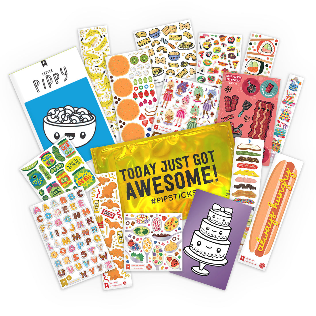 A Kids Club pack laid out flat: fifteen sheets of kid-friendly stickers, Scratch 'N Sniff sheets, an activity book and a reusable holographic pouch