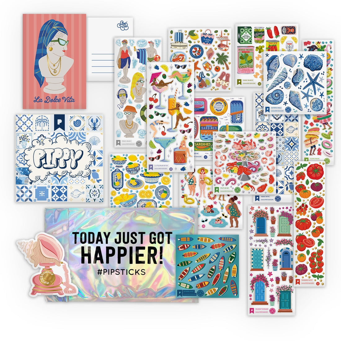 A Pro Club pack laid out flat: fifteen sheets of stickers, a Pippy zine, a die-cut vinyl sticker and a reusable storage pouch