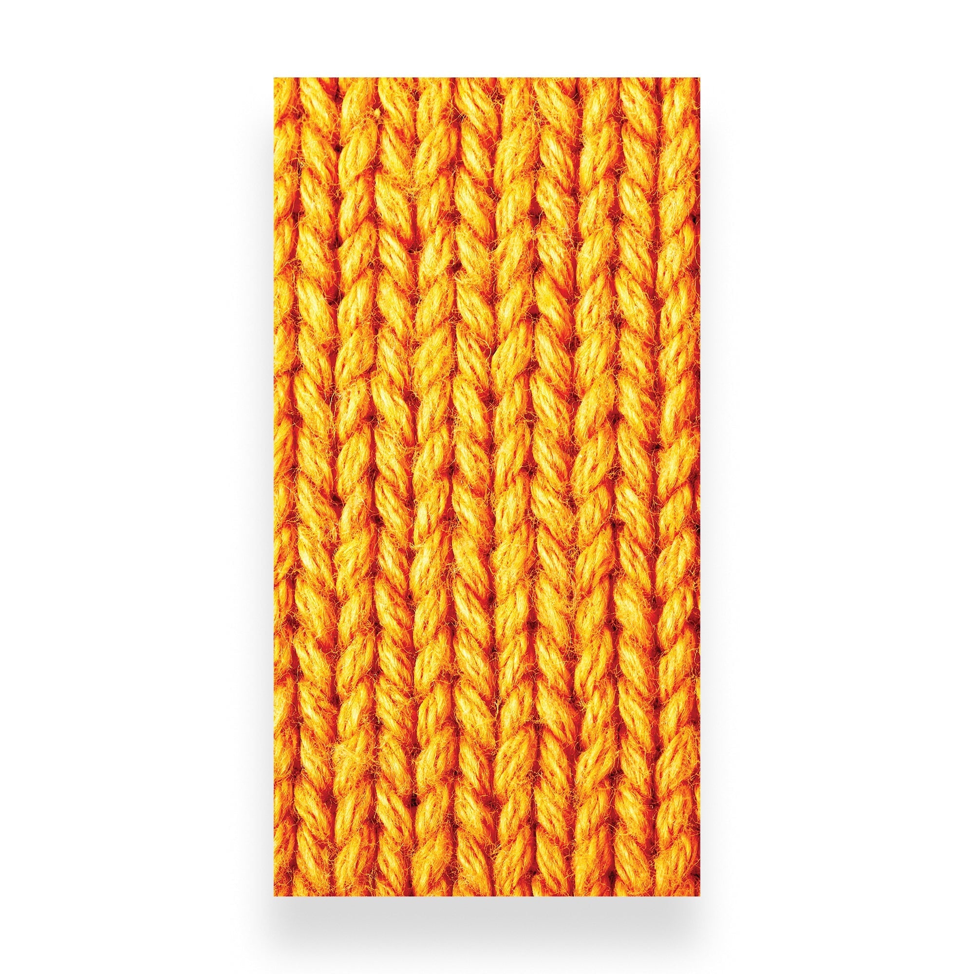 A close-up vertical swatch of bright orange and yellow ribbed knit fabric texture on a white background.
