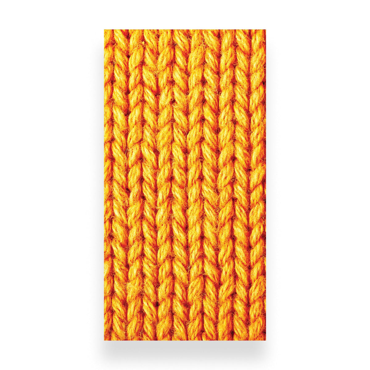 A close-up vertical swatch of bright orange and yellow ribbed knit fabric texture on a white background.