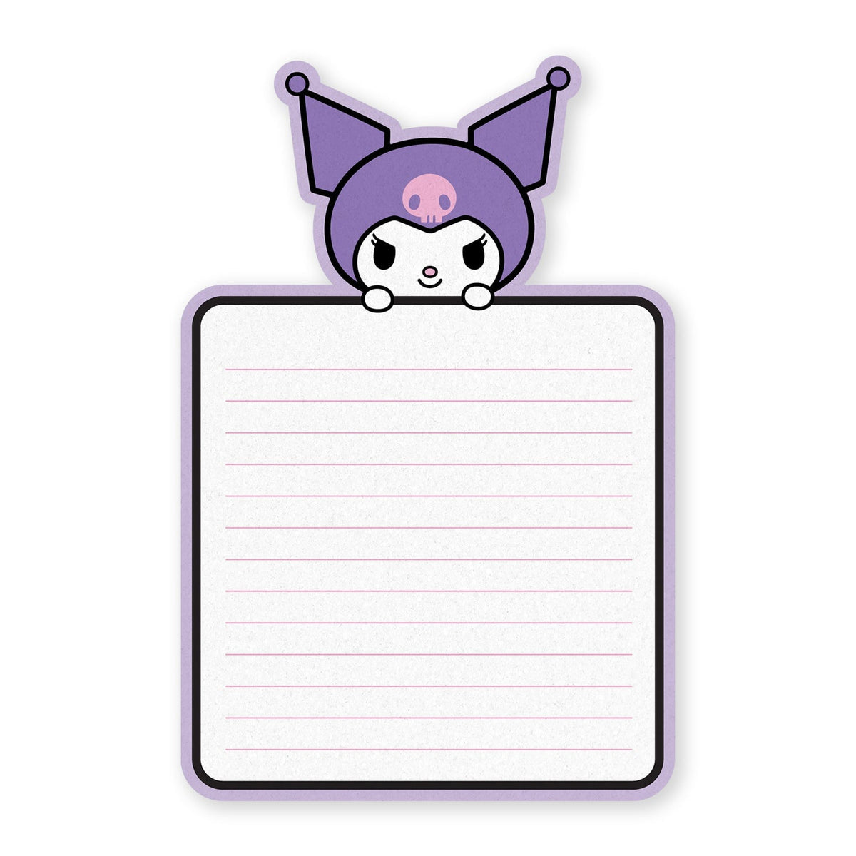 A Kuromi-themed lined notepad with a purple cartoon character peeking over the top, set against a plain white background.