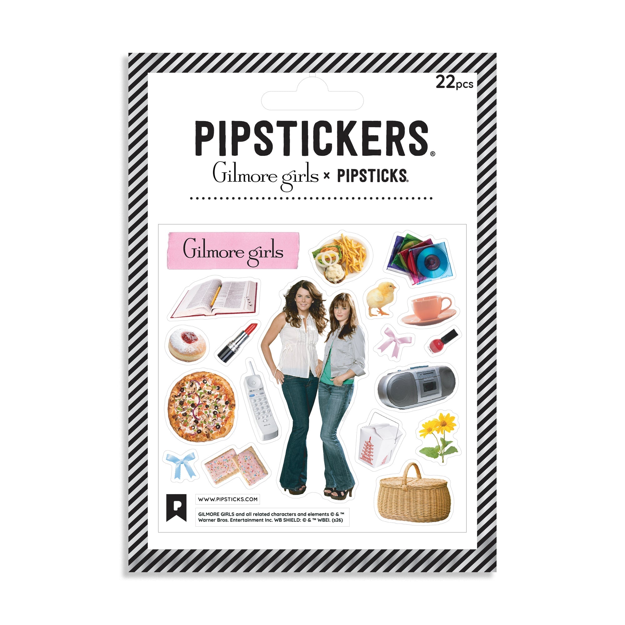 A package of PIPSTICKS 'Gilmore girls' stickers, containing 22 pieces. The packaging features a black and white striped border, the PIPSTICKS brand name, and a central white panel displaying various sticker designs inspired by the 'Gilmore Girls' series, including illustrations of characters and themed objects.