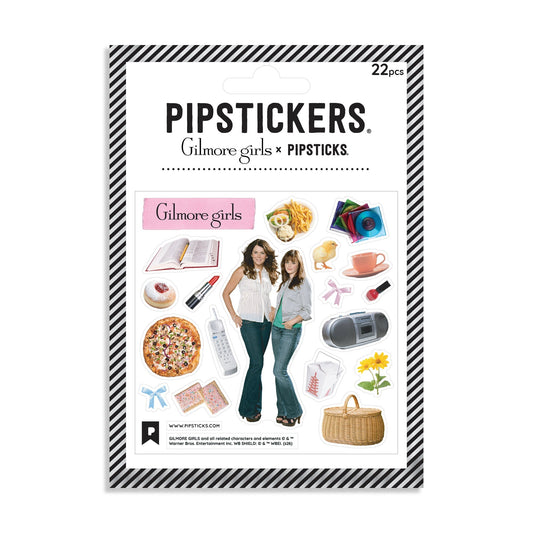 A package of PIPSTICKS 'Gilmore girls' stickers, containing 22 pieces. The packaging features a black and white striped border, the PIPSTICKS brand name, and a central white panel displaying various sticker designs inspired by the 'Gilmore Girls' series, including illustrations of characters and themed objects.