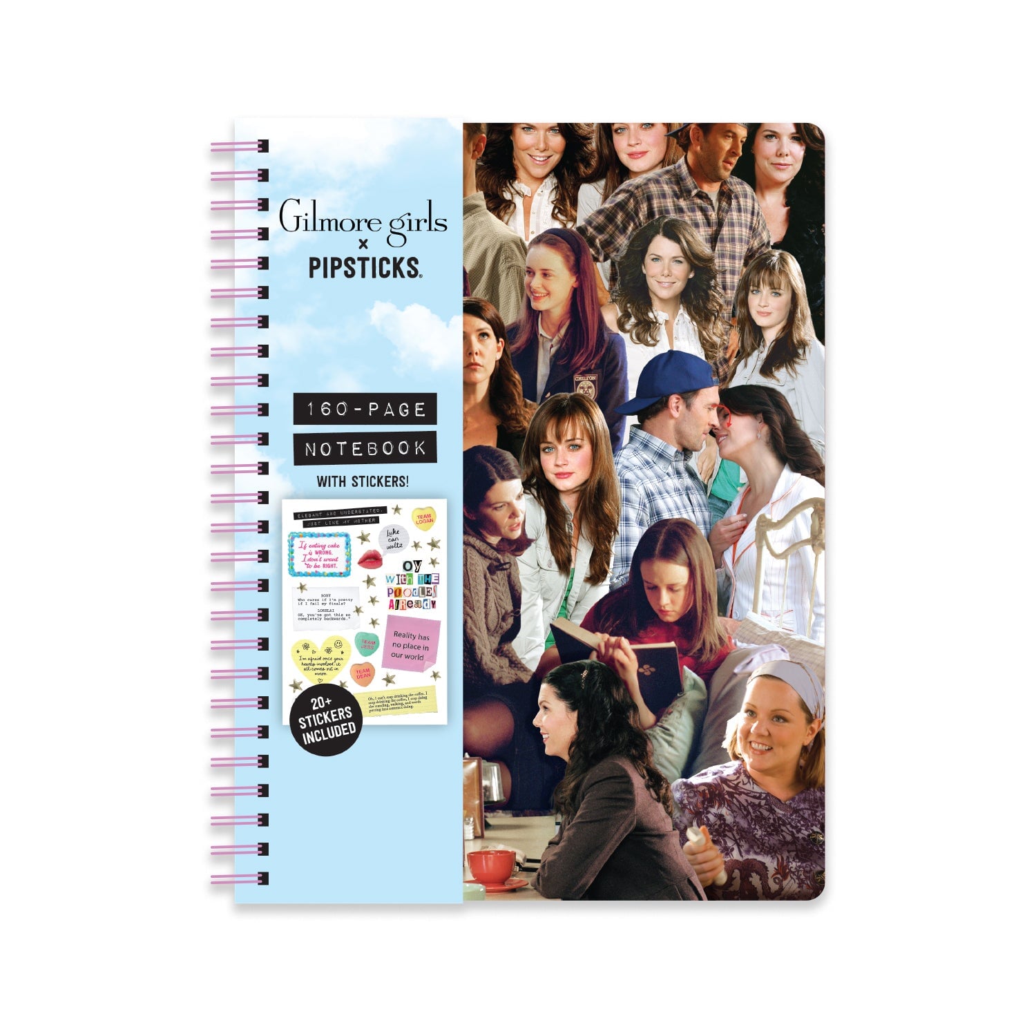 A spiral-bound notebook titled 'Gilmore girls & PIPSTICKS' with a light blue cover and a large printed collage of characters on the back cover, shown on a plain white background. The front also includes text reading '160-PAGE NOTEBOOK WITH STICKERS!' and a sticker preview.