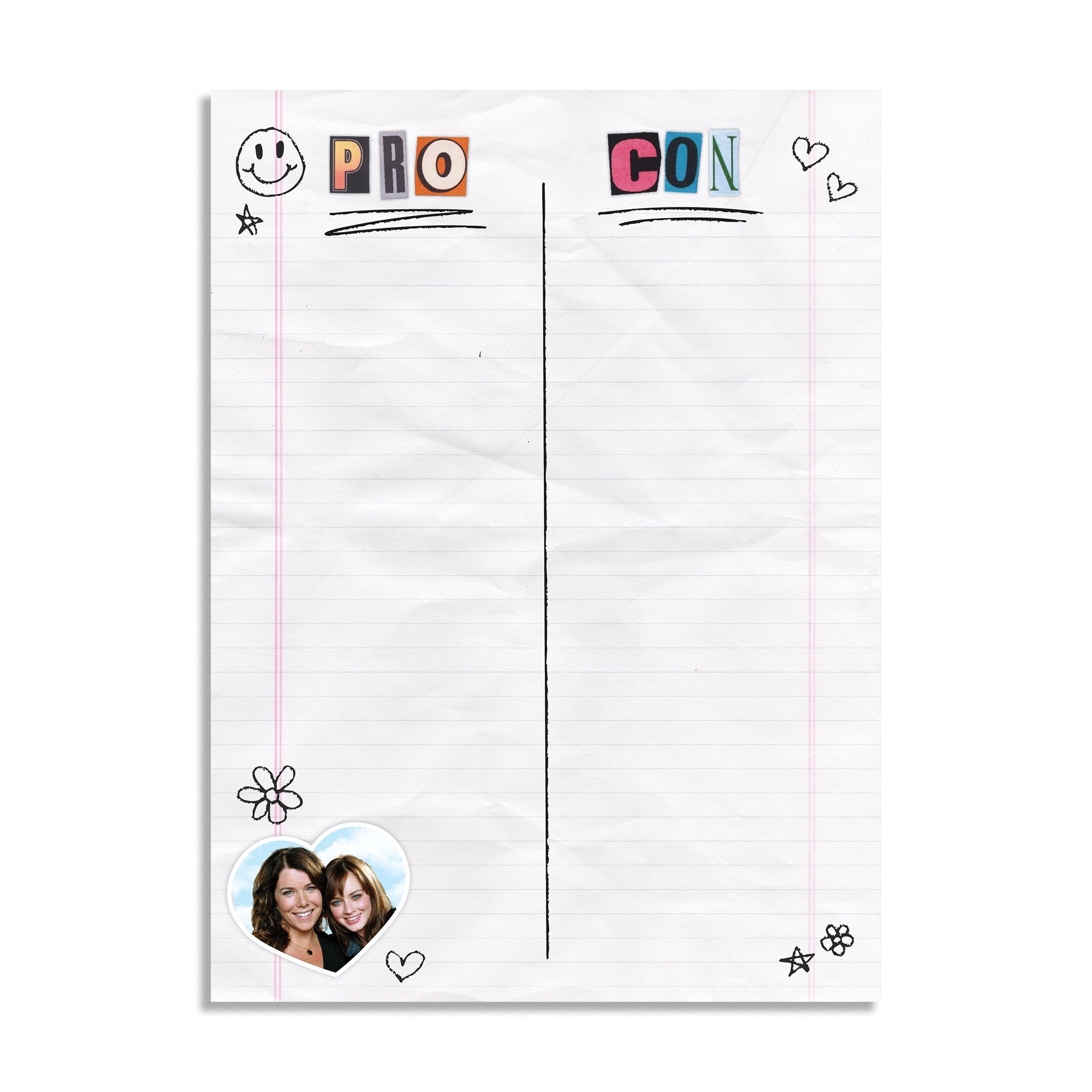 A crumpled white lined notepad sheet with the words 'PRO' and 'CON' across the top, split by a vertical line. Decorative doodles, small hearts, stars, and a heart-shaped photo insert appear on the page against a light gray background.