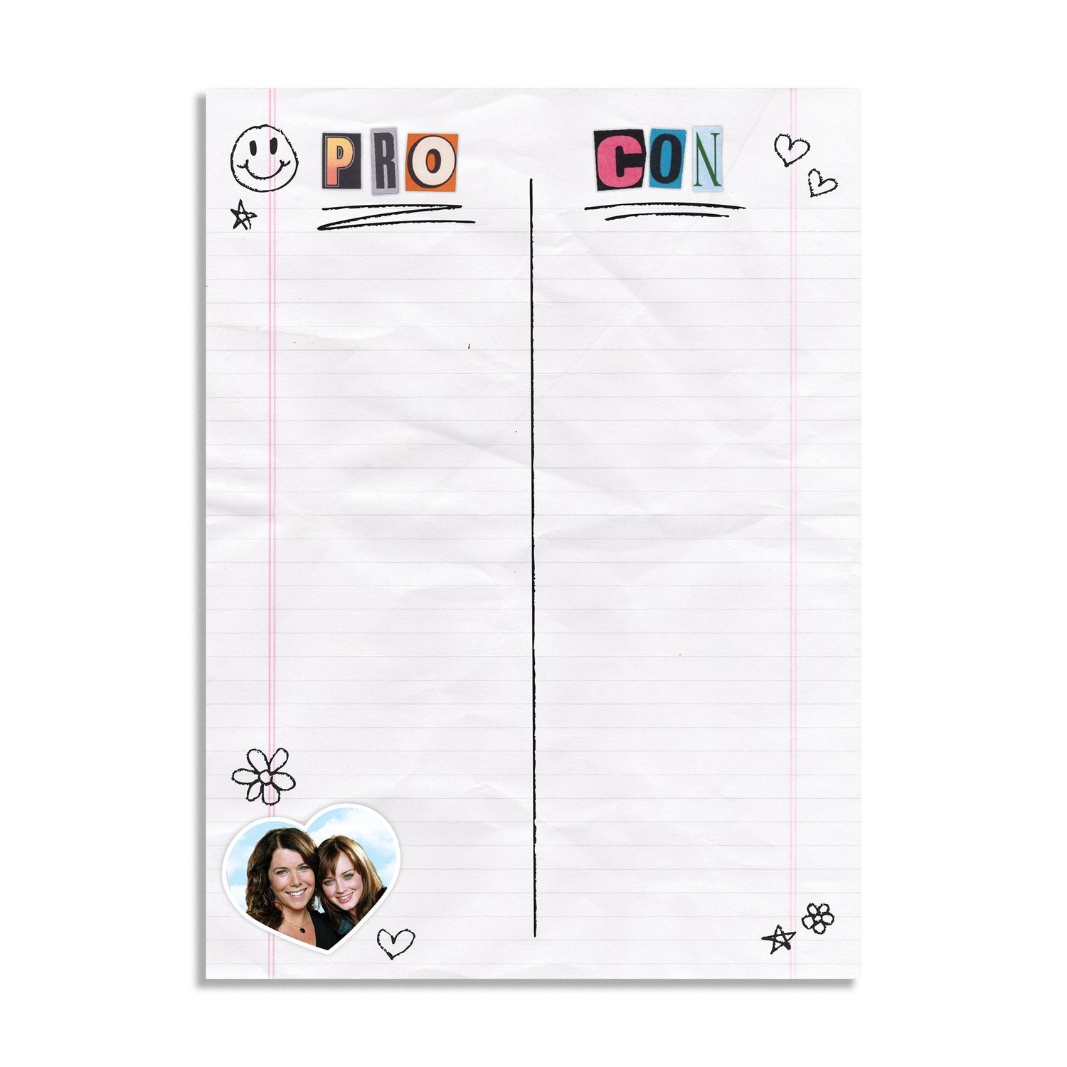 A crumpled white lined notepad sheet with the words 'PRO' and 'CON' across the top, split by a vertical line. Decorative doodles, small hearts, stars, and a heart-shaped photo insert appear on the page against a light gray background.