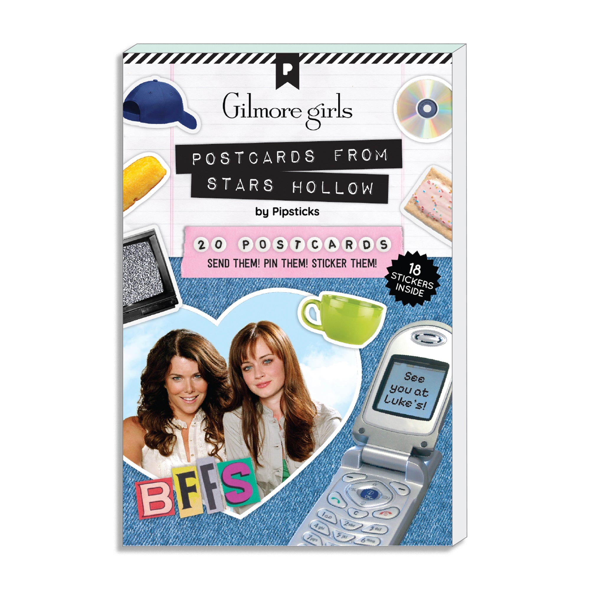 Gilmore Girls Postcards from Stars Hollow sticker pack by Pipsticks, featuring a white and blue packaging design with illustrations of postcards, stickers, a CD, and a flip phone.