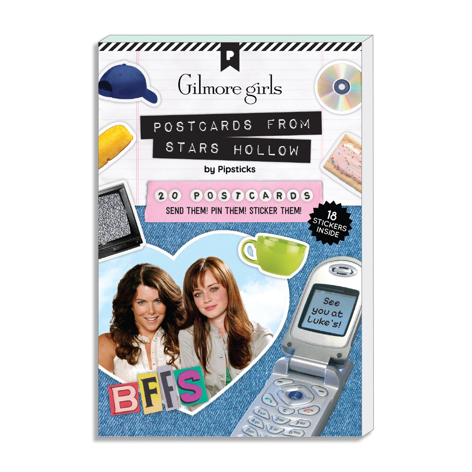Gilmore Girls Postcards from Stars Hollow sticker pack by Pipsticks, featuring a white and blue packaging design with illustrations of postcards, stickers, a CD, and a flip phone.