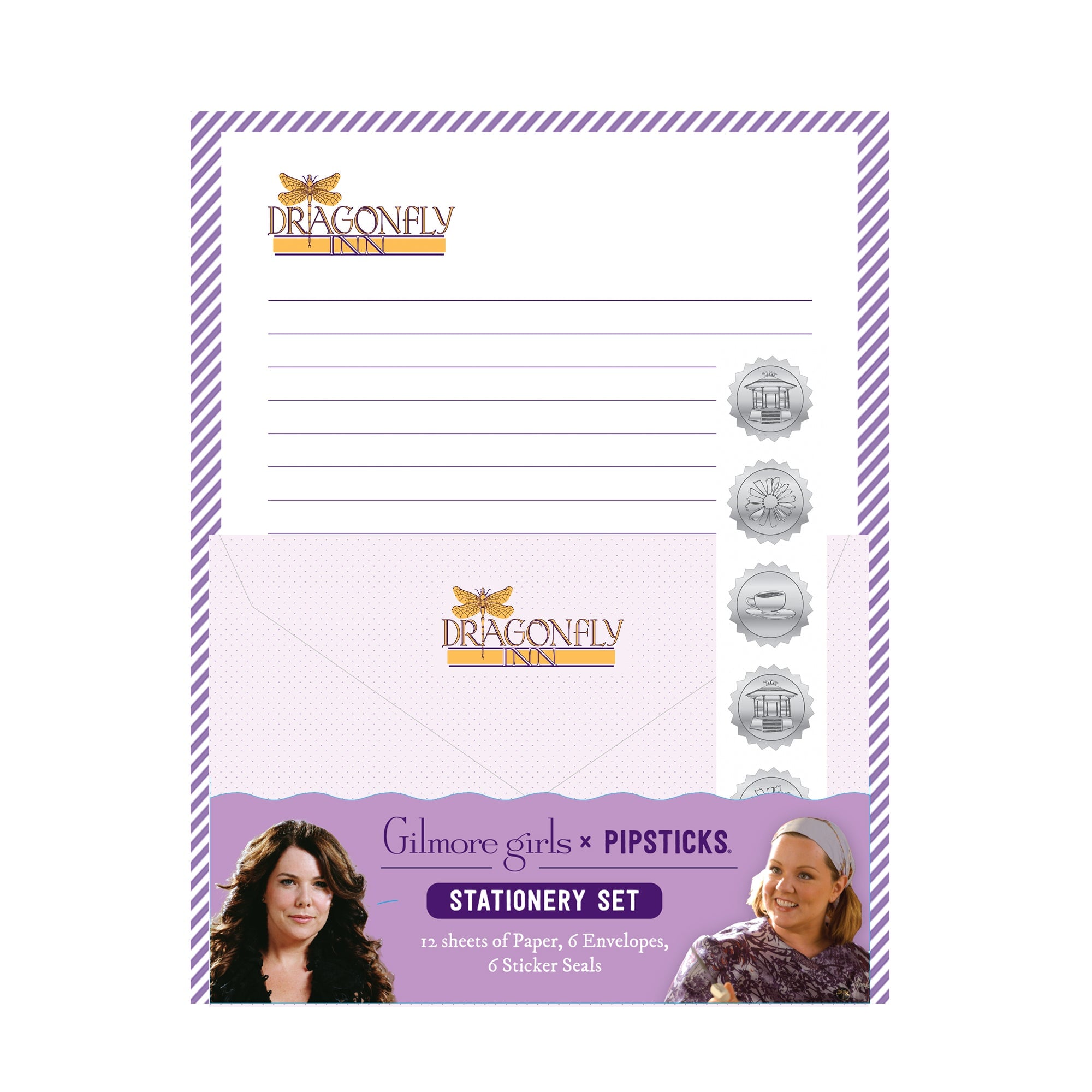 Dragonfly Girls Pipsticks stationery set featuring lined paper sheets, lavender envelopes, and six silver foil sticker seals, displayed on a white background with character photos at the bottom.