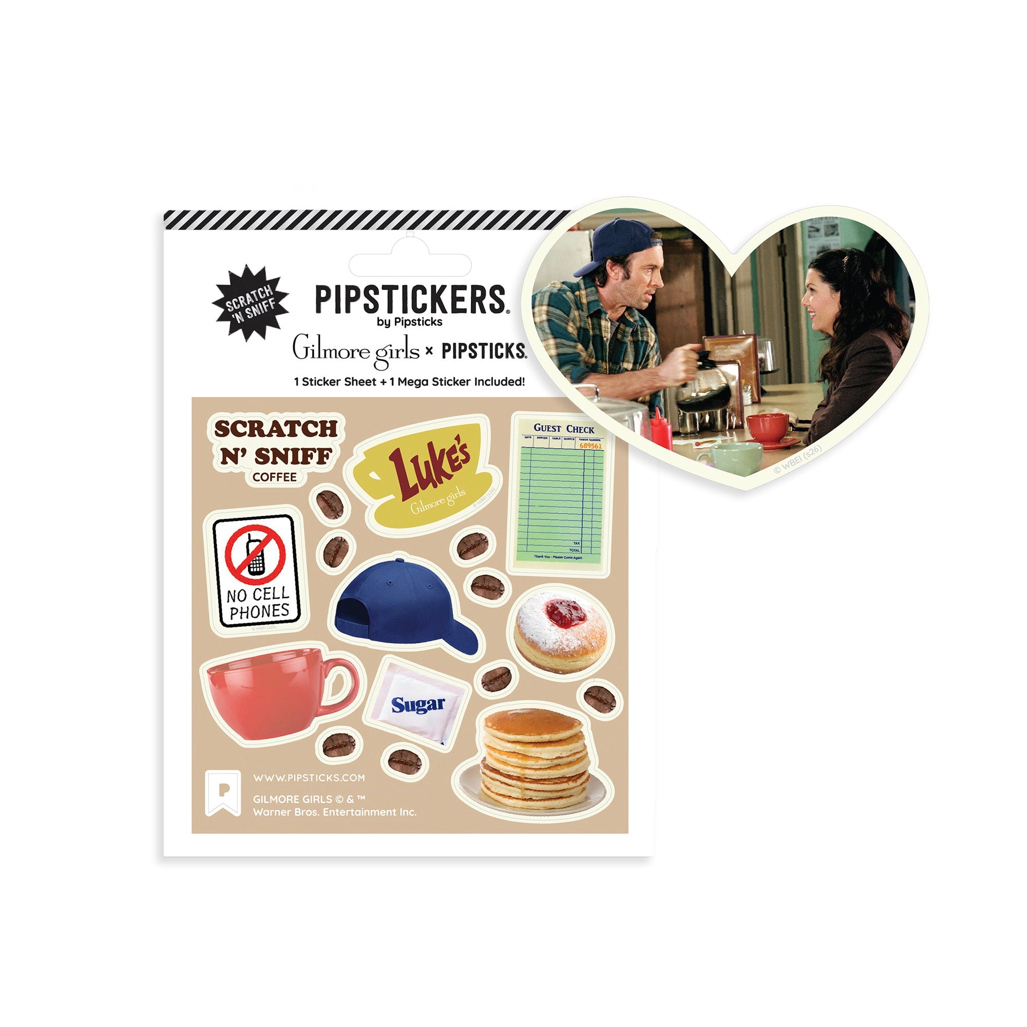 Photo shows coffee-themed sticker sheet with a heart-shaped inset showing characters from the movie in a cafe scene, on a white background. References Gilmore Girls, scratch and sniff