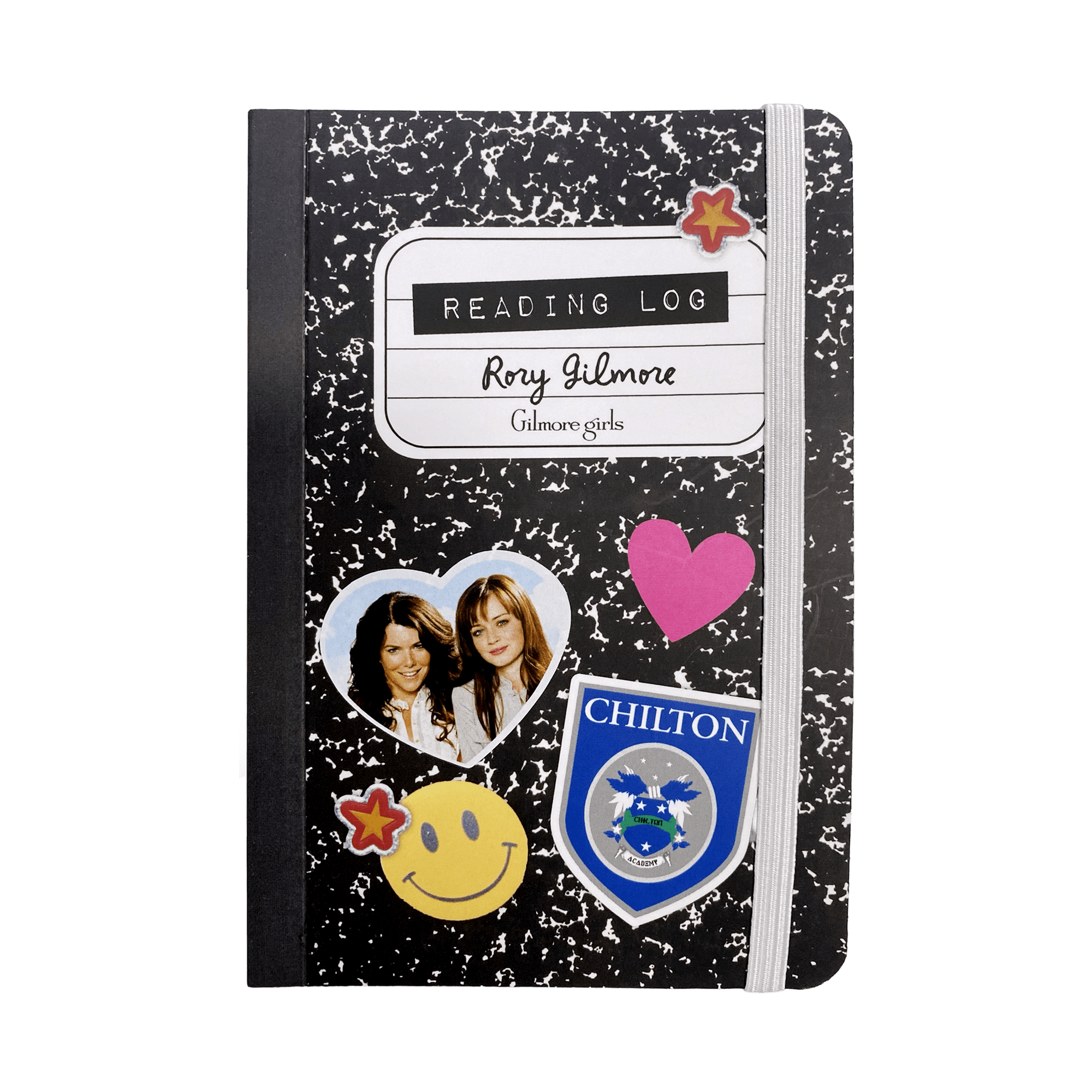 A personalized black and white speckled composition notebook with an elastic closure band, featuring custom stickers including a heart-shaped photo, a pink heart, and a blue Chilton crest, with a 'Reading Log' label at the top.