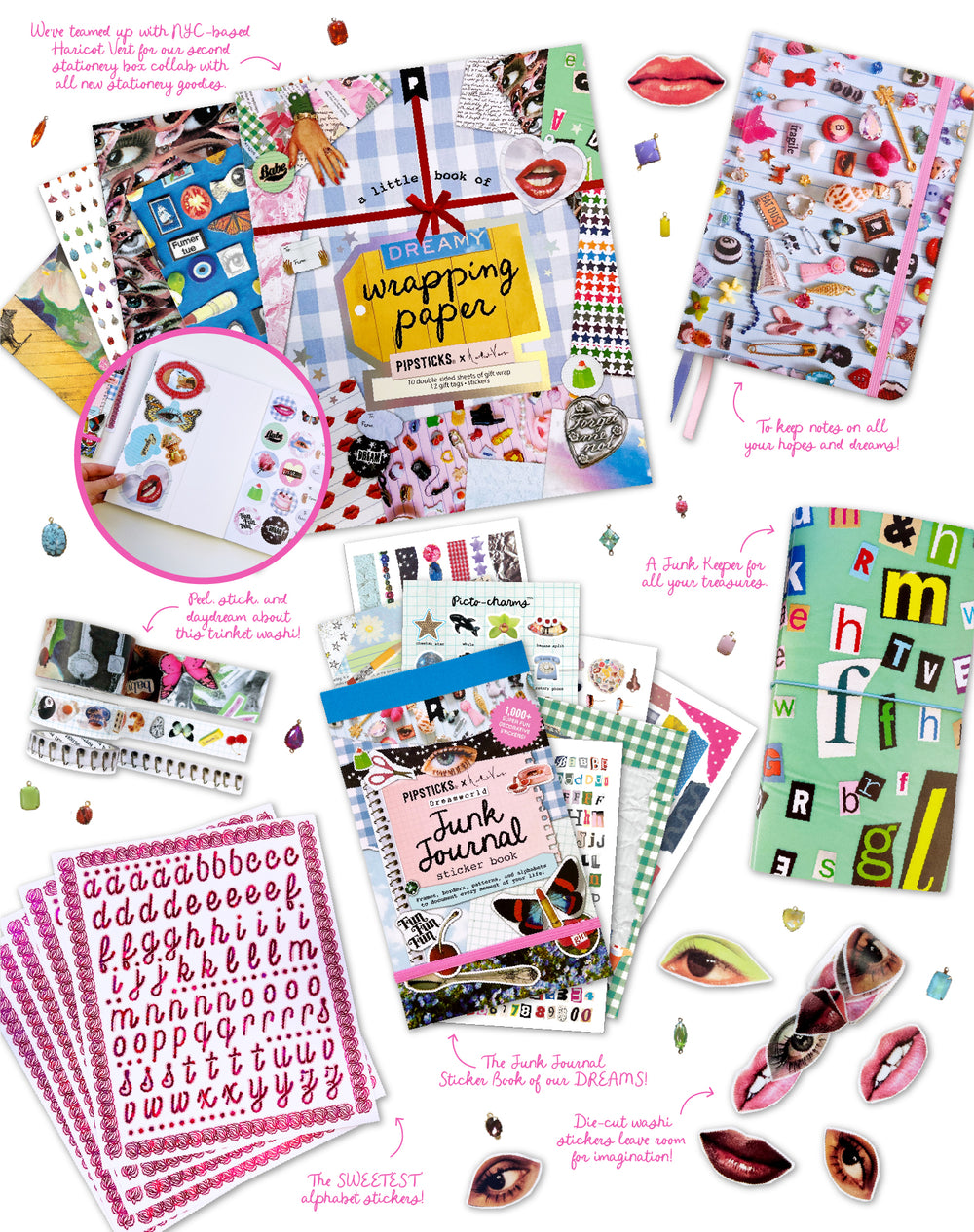 The contents of a Pipsticks Stationery Club box laid out and labelled: a junk journal sticker book, wrapping paper, trinket washi, alphabet stickers and a notebook