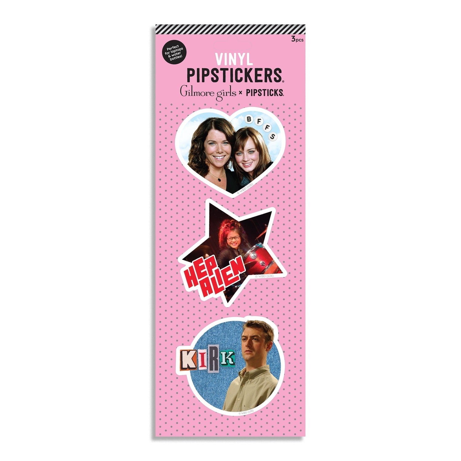 A package of 3 vinyls themed around the TV show Gilmore Girls. The packaging is pink with a polka dot pattern and features three designs showing photos of characters with the words 'BFFs', 'HEP ALIEN MEN', and 'KIRK'.
