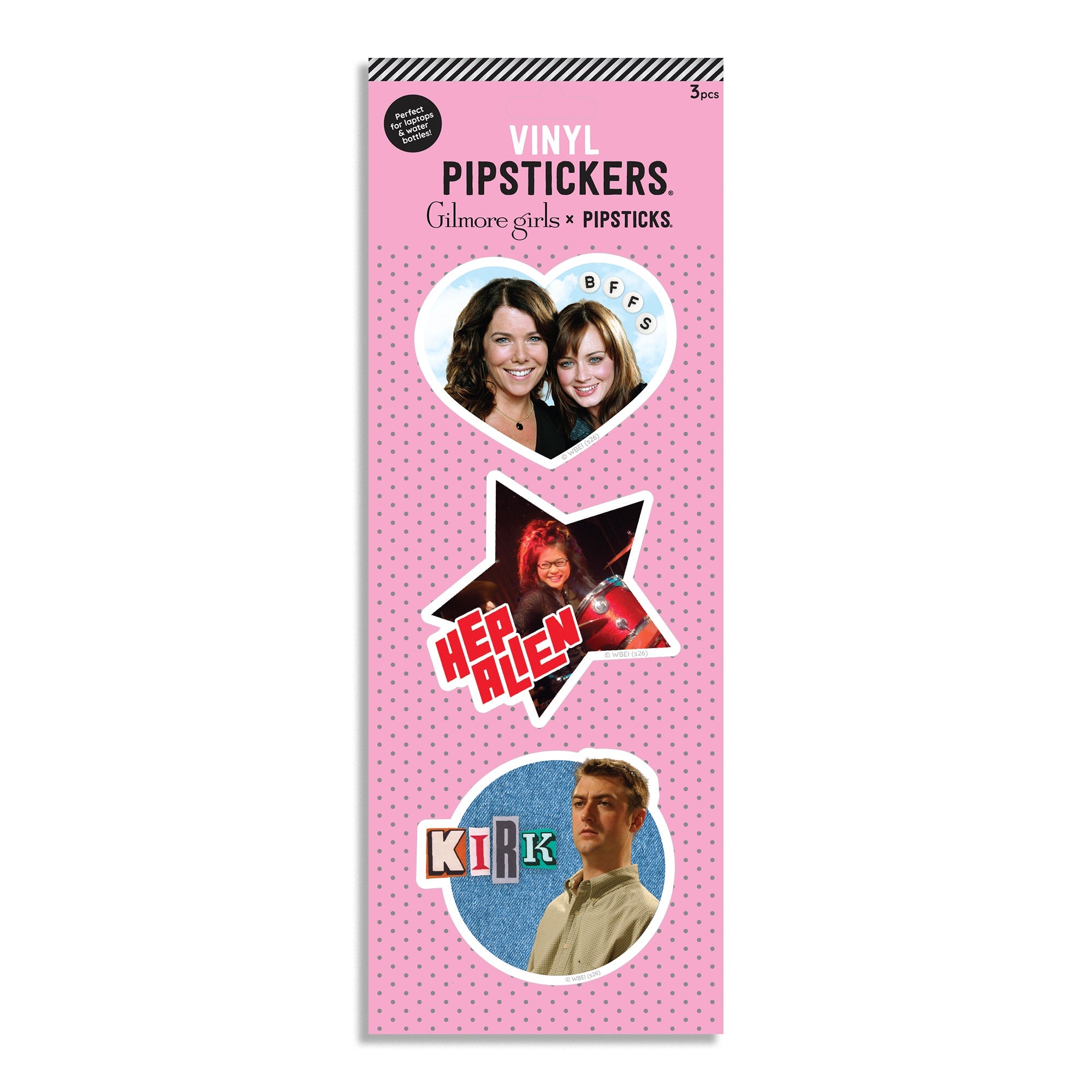 A package of 3 vinyls themed around the TV show Gilmore Girls. The packaging is pink with a polka dot pattern and features three designs showing photos of characters with the words 'BFFs', 'HEP ALIEN MEN', and 'KIRK'.
