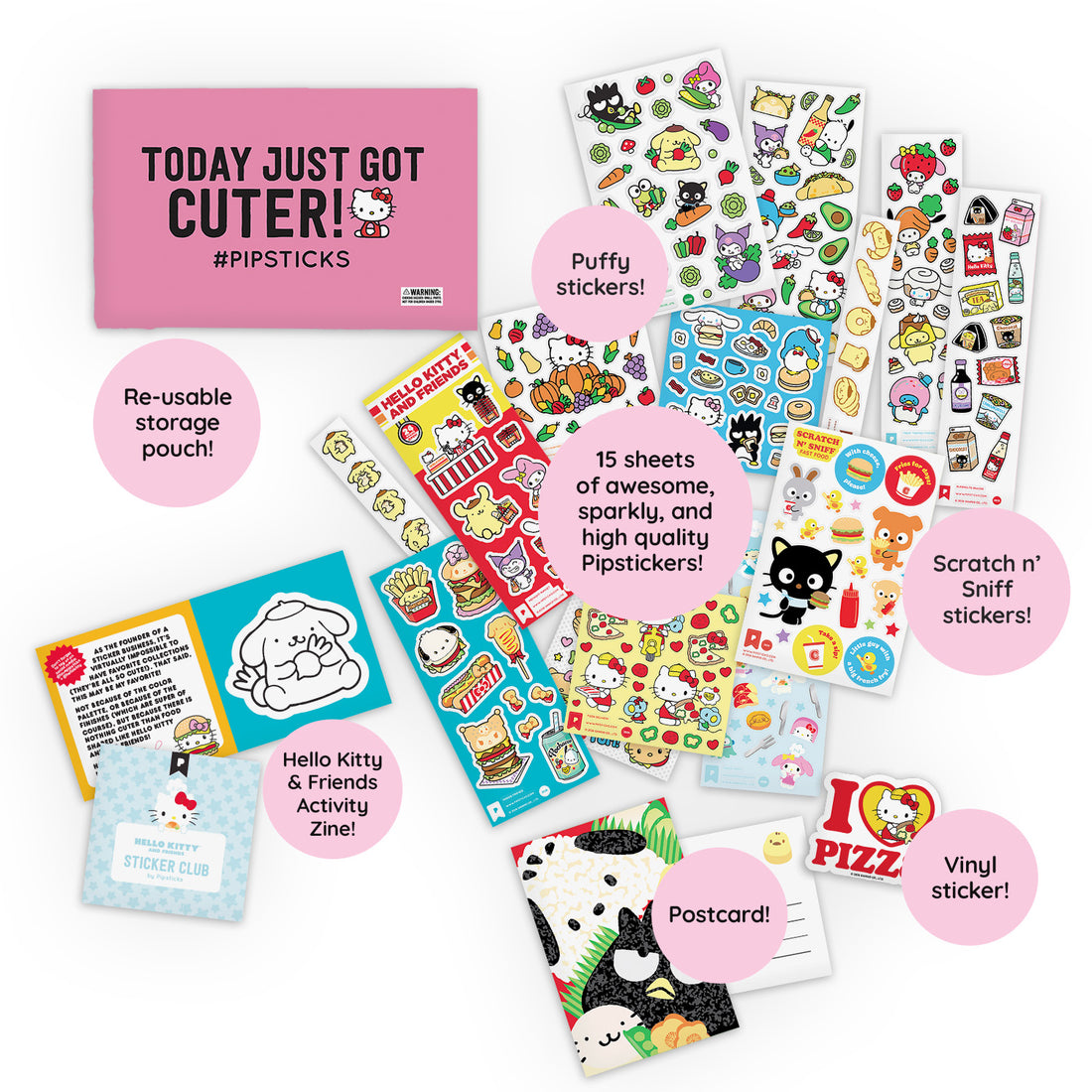A Hello Kitty and Friends Club pack laid out flat: fifteen exclusive Sanrio sticker sheets, a collectible puffy, a scratch and sniff, a die-cut vinyl and a sparkly pink pouch