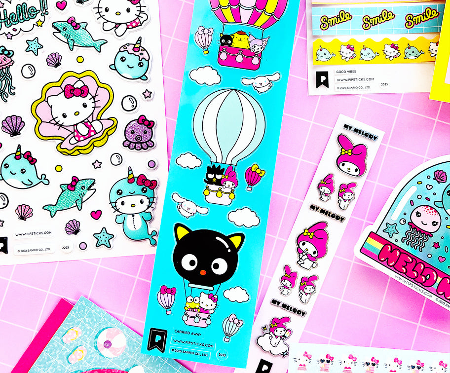 Hello Kitty and Friends Pipsticks sticker sheets spread out