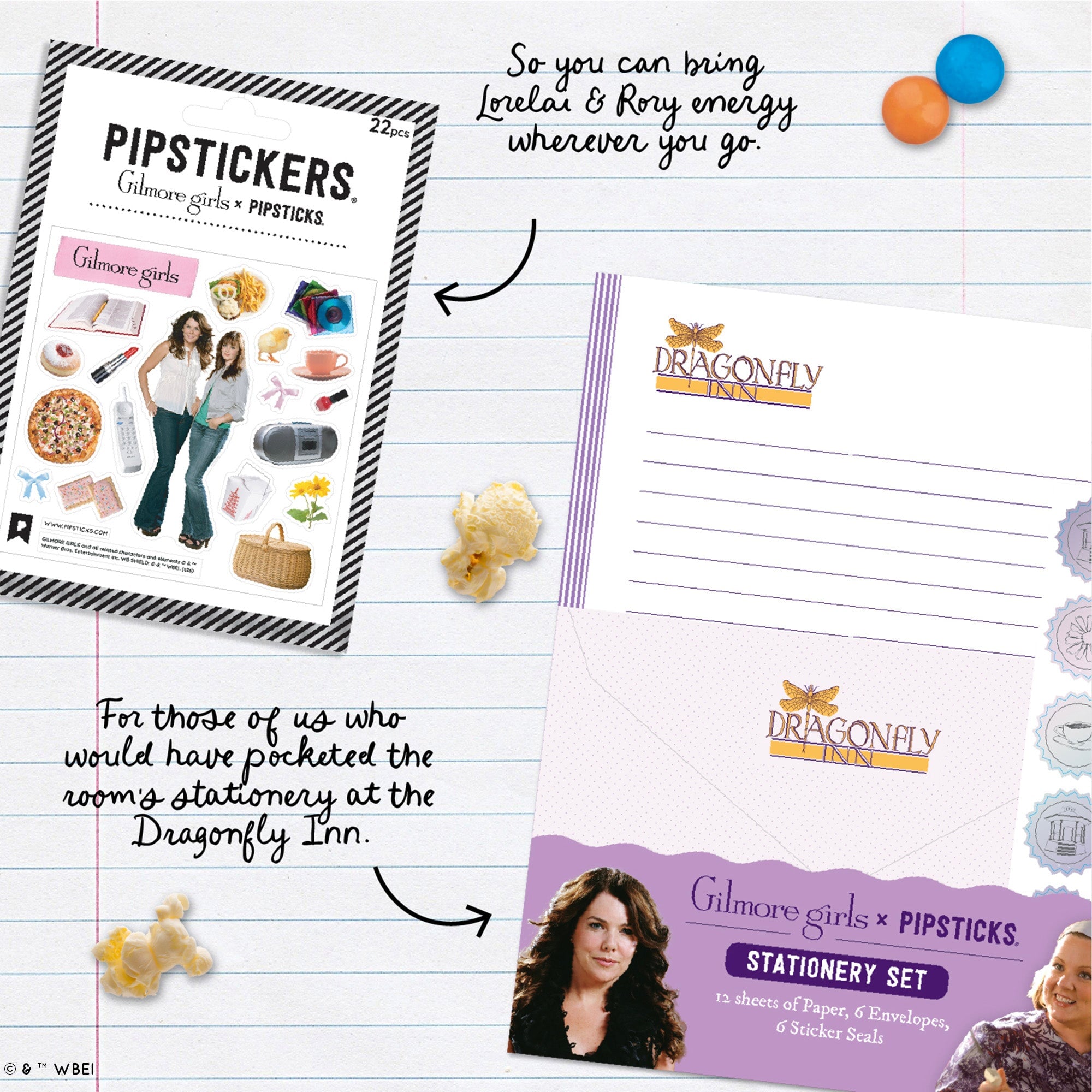 A promotional collage for the PIPSTICKERS Gilmore Girls stationery set, showing: a pack of decorative stickers, and Drangonfly Inn stationery. Decorative popcorn, colored balls, and handwritten notes are placed around the products on a lined-paper background, with callout text describing the set.