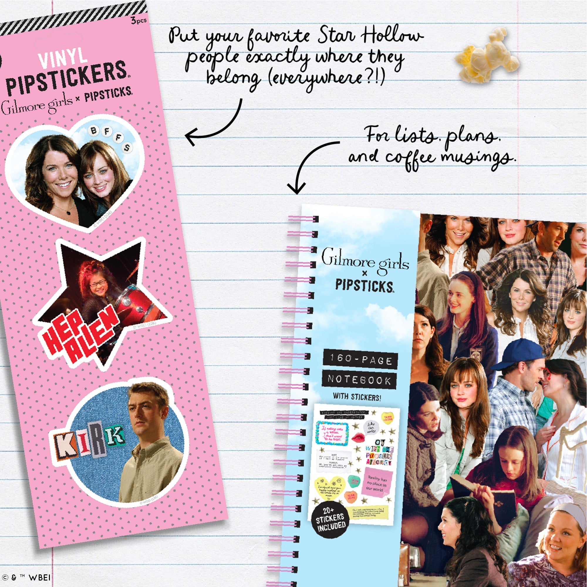 A promotional layout showing a pink vinyl sticker pack and a spiral notebook with Star Hollow-themed stickers, alongside handwritten text and a group photo collage on a lined-paper background.