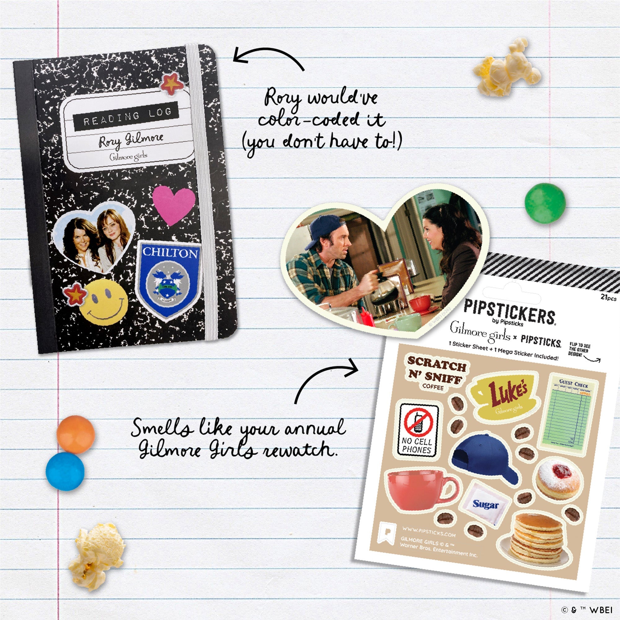 A collage-style product presentation on a lined notebook paper background showing a black composition notebook with colorful stickers and a printed sticker sheet labeled 'Pipstickers' and 'Rewatch Club.' Handwritten callouts and small props like popcorn and candies surround the products.