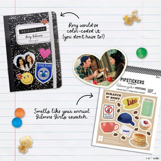 A collage-style product presentation on a lined notebook paper background showing a black composition notebook with colorful stickers and a printed sticker sheet labeled 'Pipstickers' and 'Rewatch Club.' Handwritten callouts and small props like popcorn and candies surround the products.
