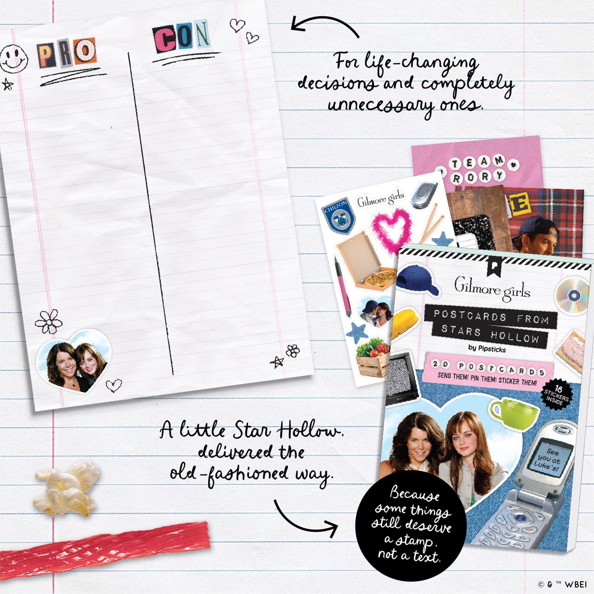 A styled flat-lay of stationery products on a lined paper background, including a large notepad, sticker sheets, a postcard set, and handwritten promotional text. Visible branding includes Gilmore Girls and WBB.
