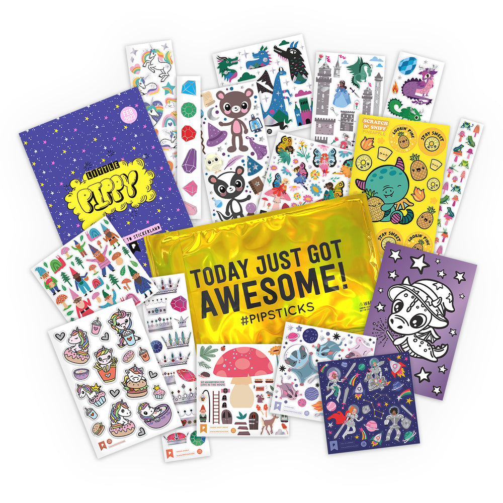 Kids Club sticker sheets fanned out, including dragons, unicorns, Scratch 'N Sniff fruit and a color-in postcard