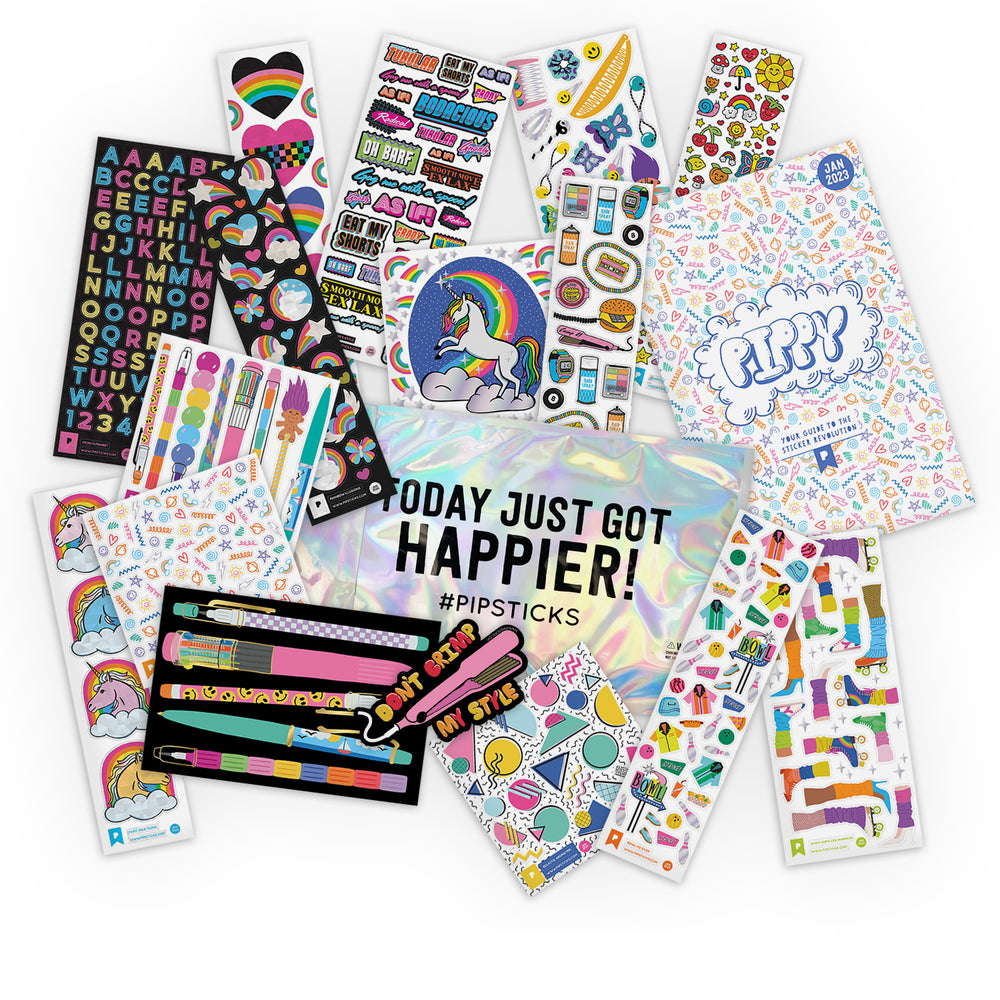 An assortment of Pro Club sticker sheets fanned out, including alphabet stickers, a unicorn vinyl and a holographic pouch