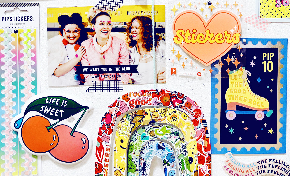 A Pro Club flatlay: sticker sheets, a die-cut cherry vinyl, a roller skate print and a Pipsticks club card reading We want you in the club